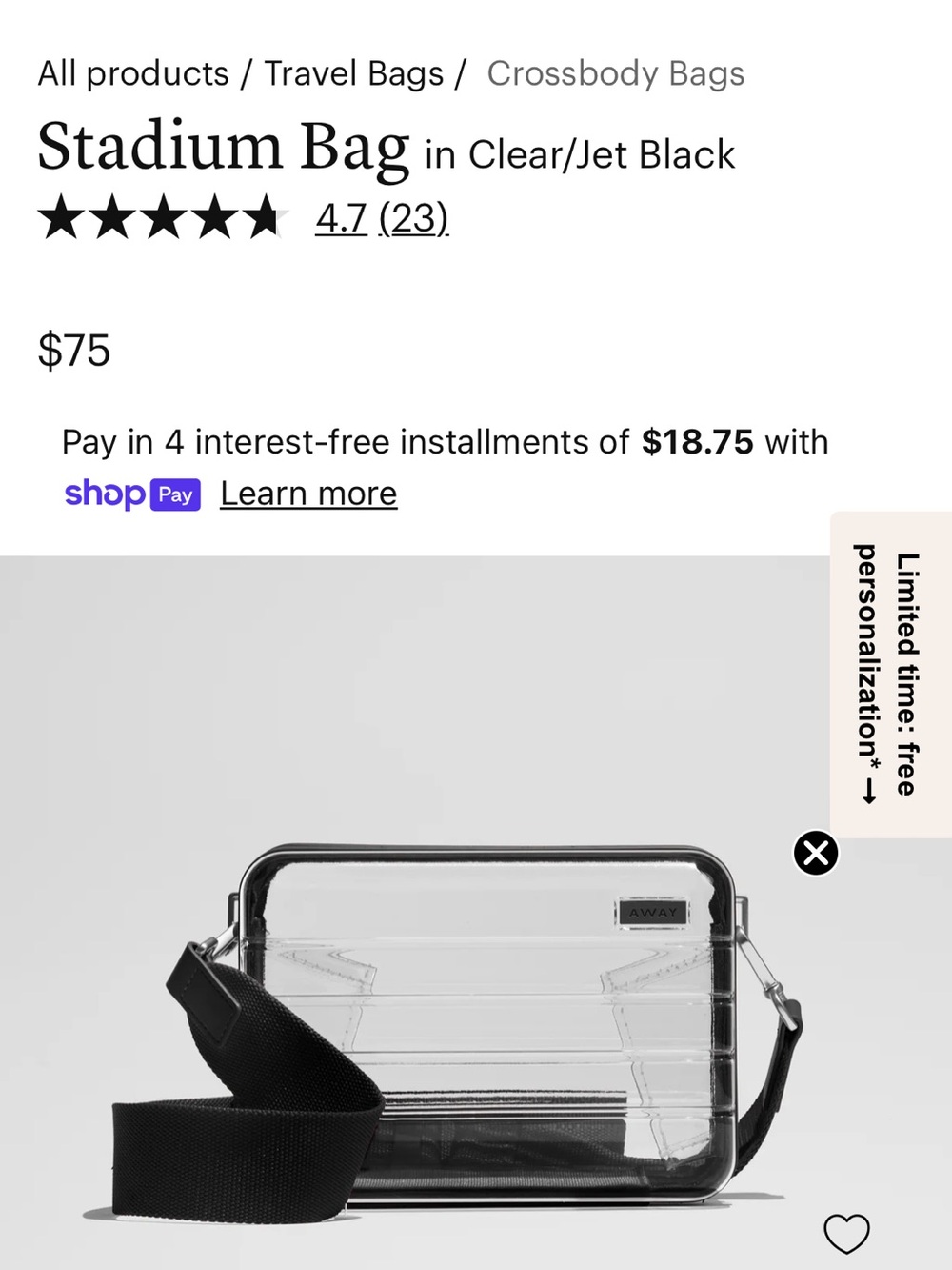 Away Clear Crossbody Bag with Jet Black Trim